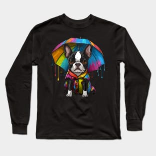 Boston Terrier Rainy Day With Umbrella Long Sleeve T-Shirt